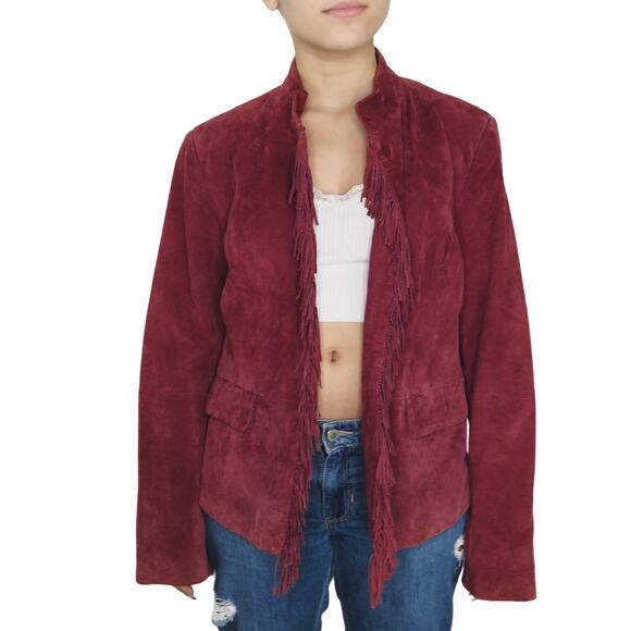 Pamela McCoy 1990s Vintage Leather Jacket Burgundy Suede Leather Jacket Medium - Picture 7 of 8